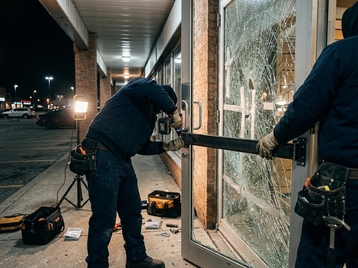 Night crew installing a steel security bar across a damaged glass storefront door in a Toronto plaza