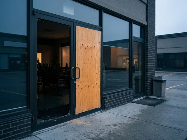 Board-up over a broken glass restaurant door