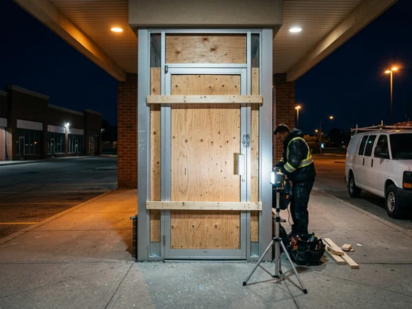 Plywood board-up over a broken storefront door after a break-in