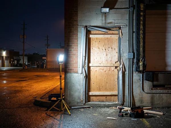 Board-up over a damaged dock pedestrian door at night
