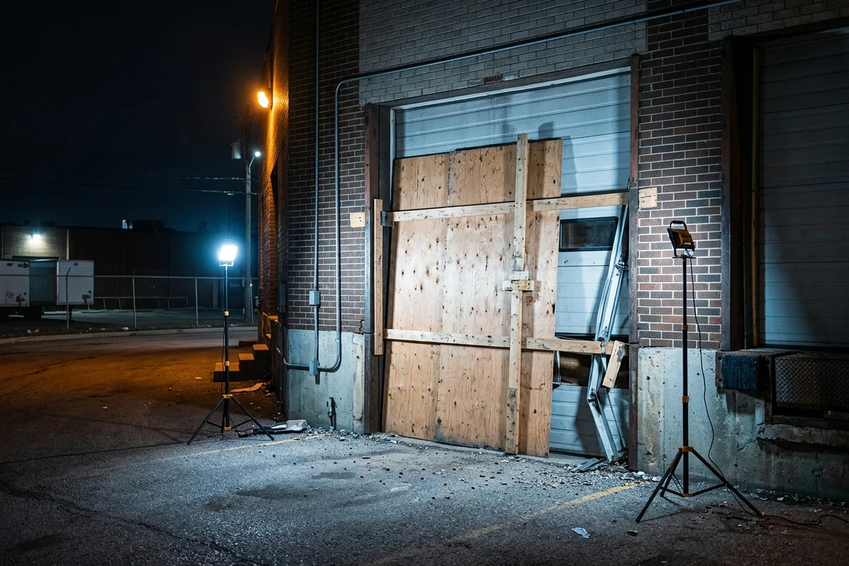 Night board-up over a kicked-in warehouse dock door