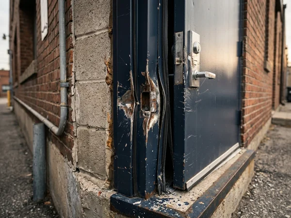 Pried and bent frame at the strike after a break-in attempt