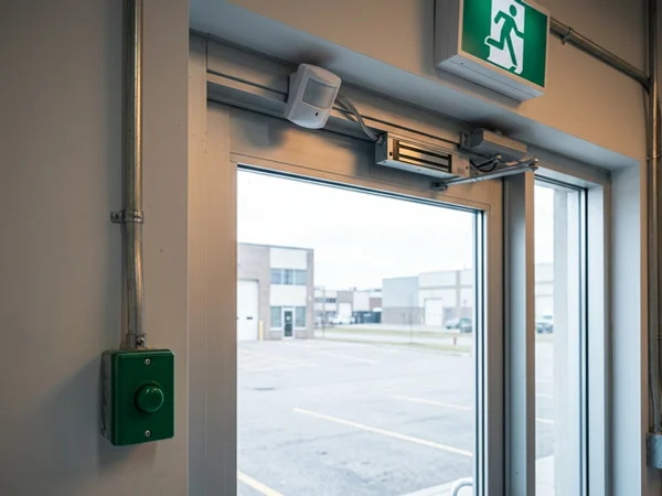 Request-to-exit sensor and emergency release button inside a mag-locked door