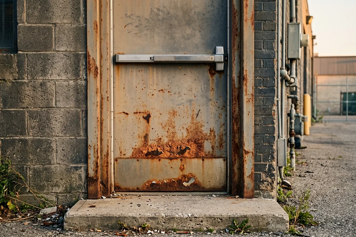 Rusted steel exit door and frame before replacement