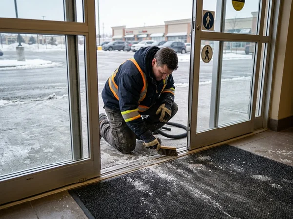 Clearing salt and grit from an automatic sliding door floor guide