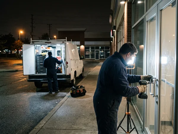 Service truck at a retail plaza for an emergency door call