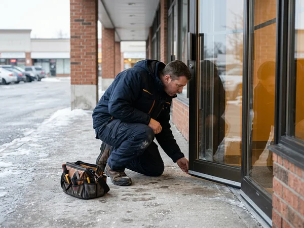 Storefront threshold cleared so the door closes flush