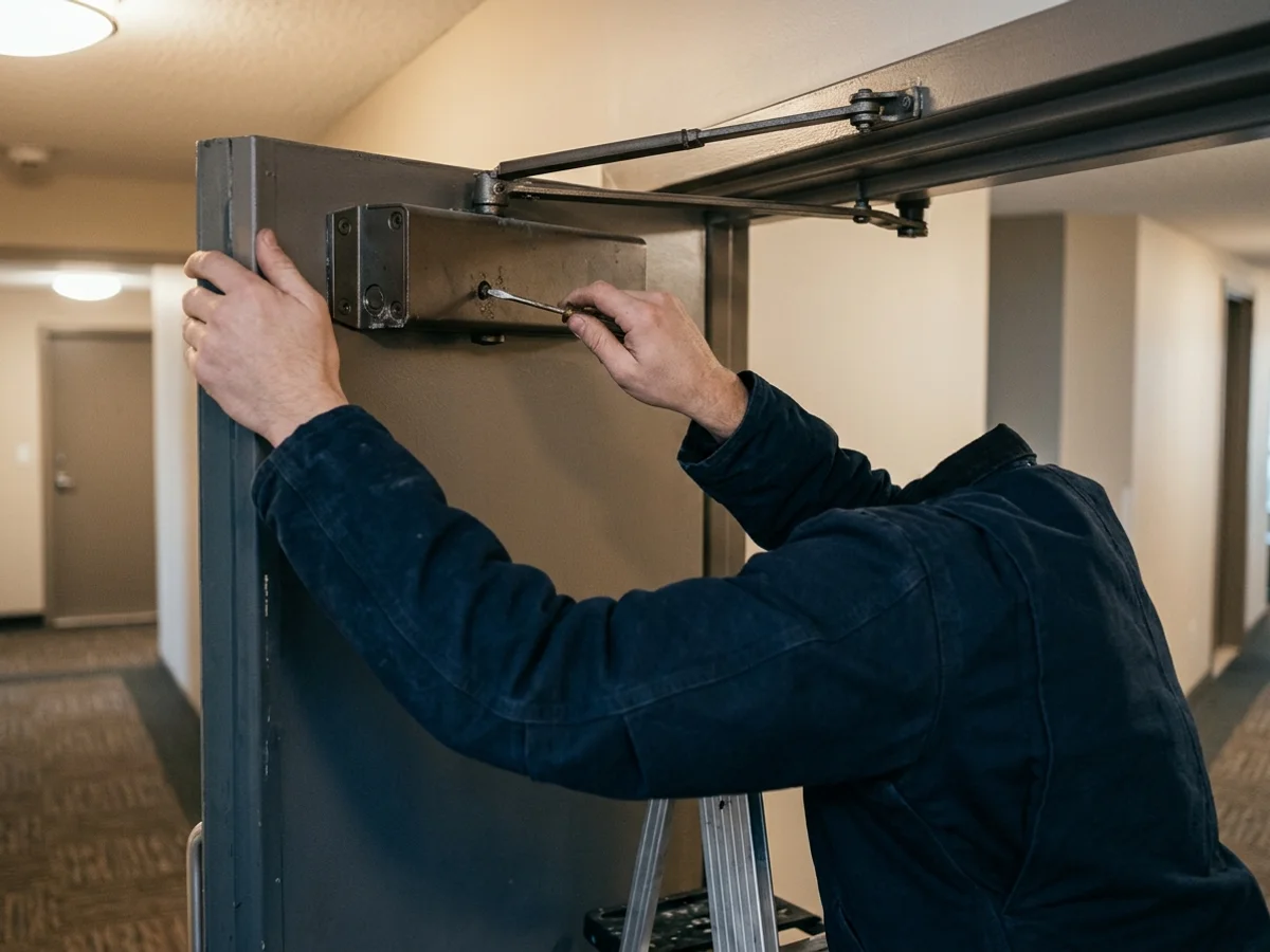 Technician adjusting the valves on an LCN surface closer above a condo corridor fire door