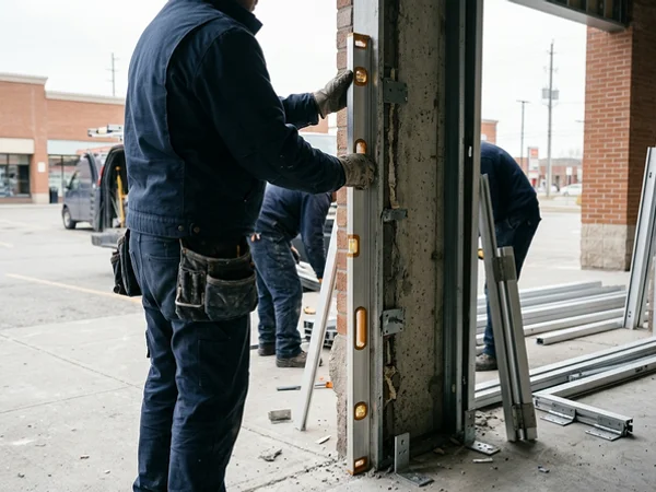 Checking rough opening level and plumb before setting a frame