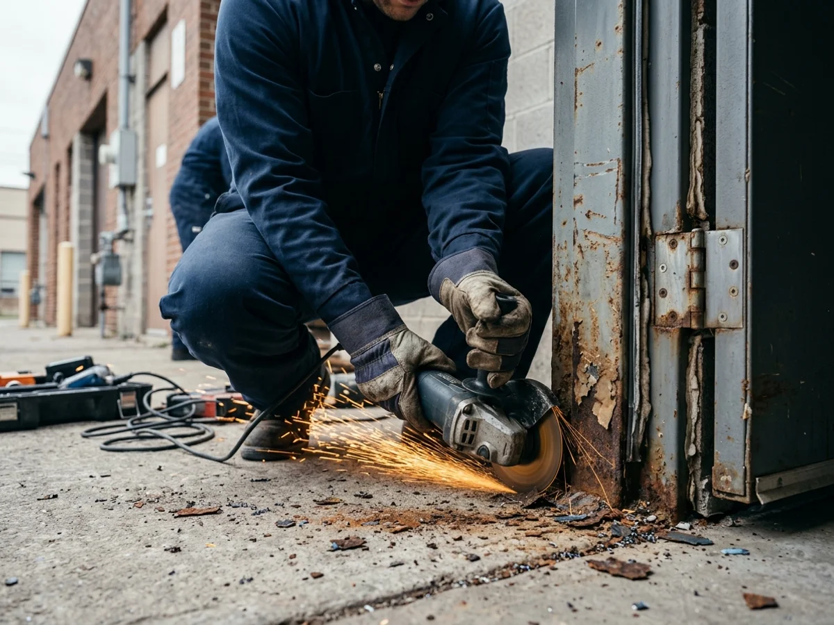 Technician cutting out a rusted hollow metal door jamb at grade on an industrial building