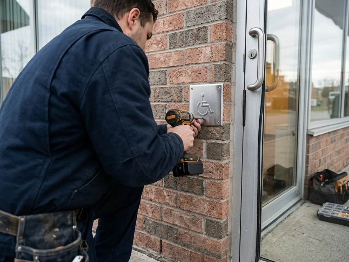 Technician mounting a stainless steel accessibility push plate beside a clinic entrance door