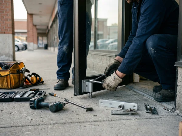 Replacing a bottom offset pivot on an aluminum storefront door