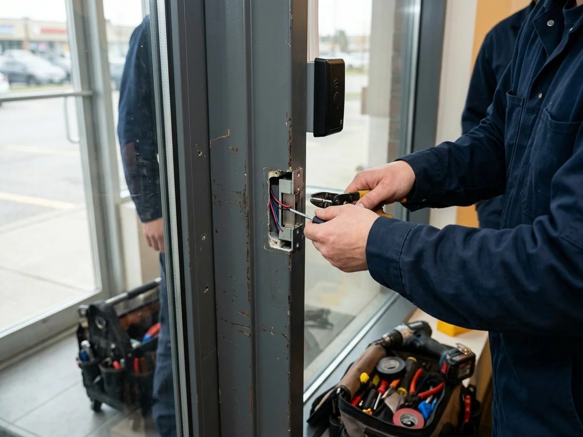 Technician wiring an electric strike into a hollow metal frame beside a FOB reader
