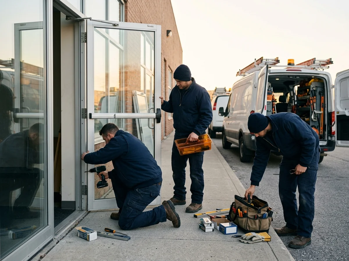 Toronto Commercial Door Repair crew beside service vans outside a GTA commercial building
