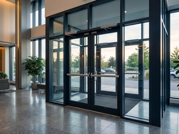 Two-door aluminum vestibule with sidelites at an office lobby