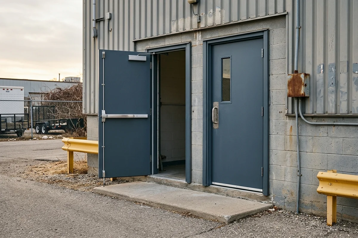 Two new hollow metal exit doors with panic bars at an Etobicoke industrial building