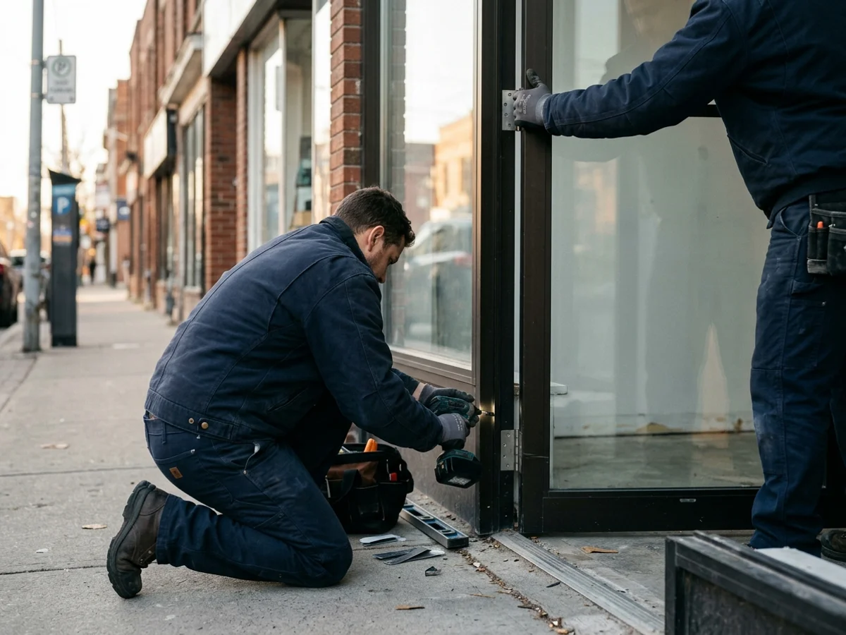 Two technicians re-hanging a narrow stile aluminum storefront door on a Toronto retail street