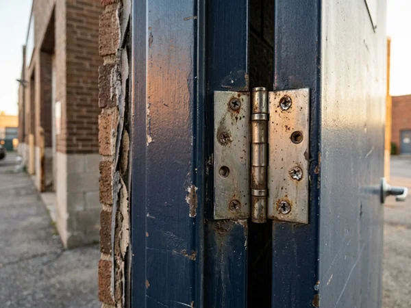 Worn butt hinge with stripped screws on a hollow metal frame